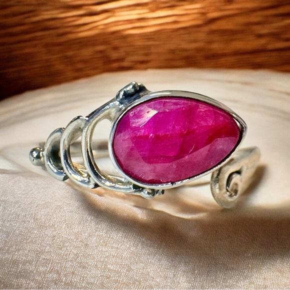 SOLD Raw Faceted Ruby Sterling Silver Bypass Ring (9-10) - Picture 4 of 7